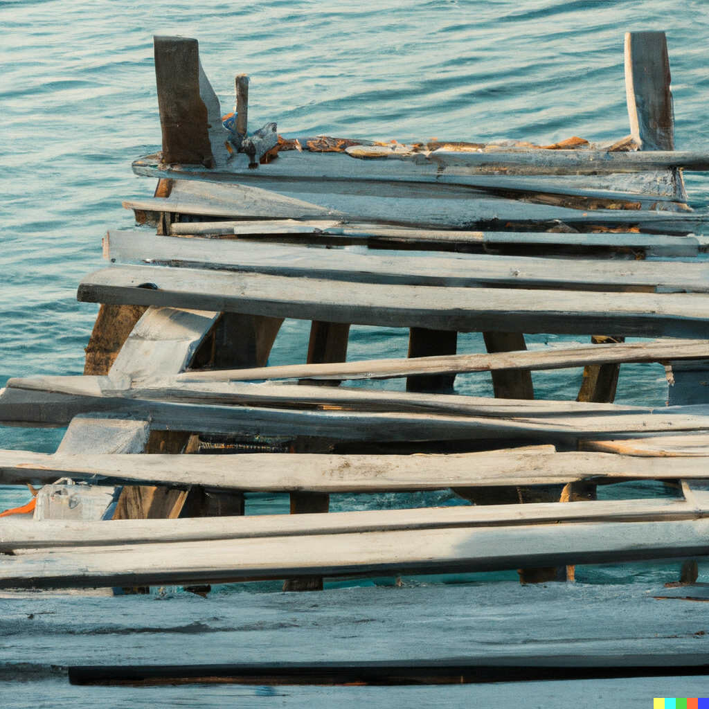 A rather rotten footbridge over blue-green water in the sun. 